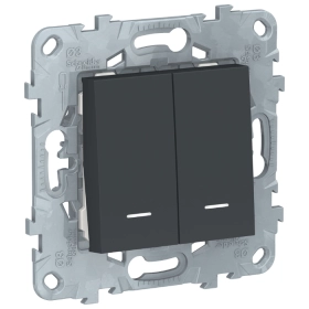 Переключатель 2 кл., 2 модуля, с подсветкой, 2 х сх.6а - антрацит, Schneider Unica New